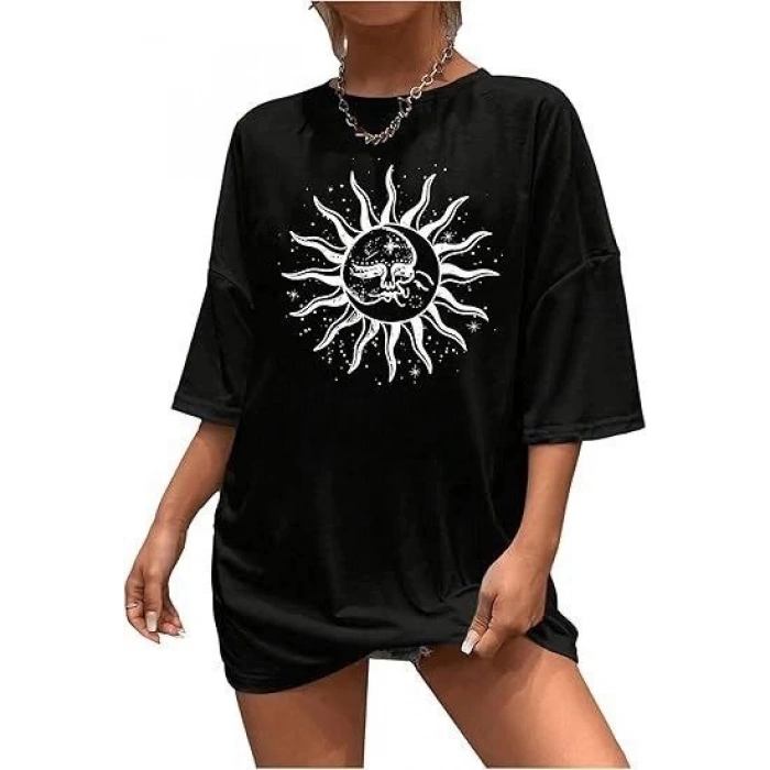 Kadın Bisiklet Yaka Baskılı T-shirt - Siyah