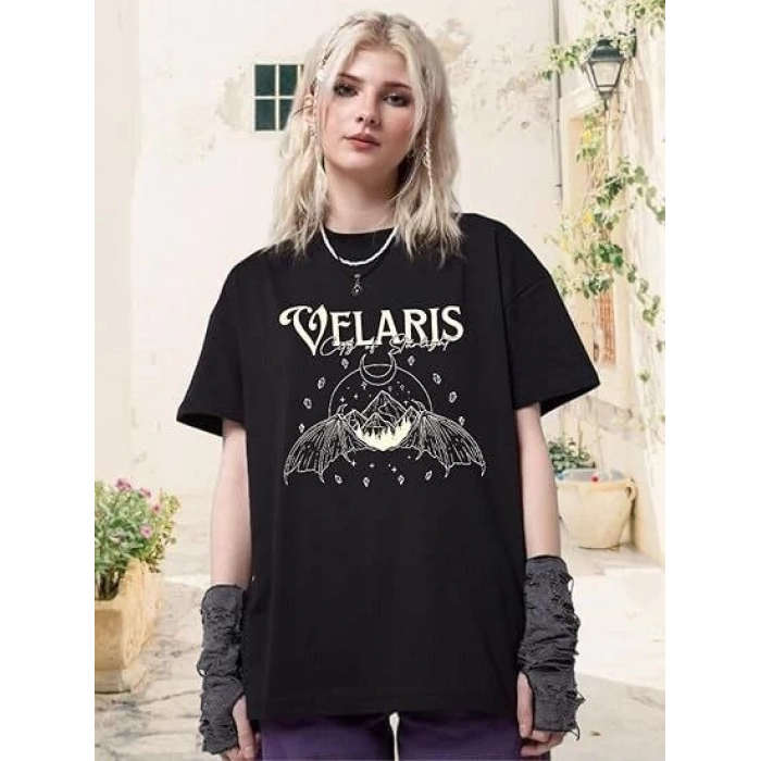 Kadın Bisiklet Yaka Baskılı T-shirt - Siyah