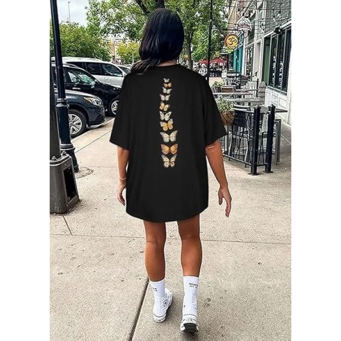 Kadın Bisiklet Yaka Baskılı T-shirt - Siyah