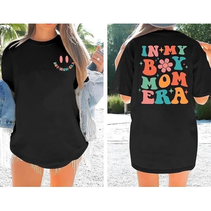 Kadın Bisiklet Yaka Kısa Kol Baskılı T-shirt - Siyah