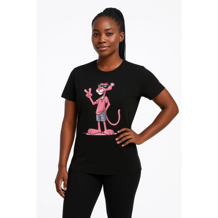 Kadın Bisiklet Yaka Kısa Kollu Baskılı T-shirt - Siyah