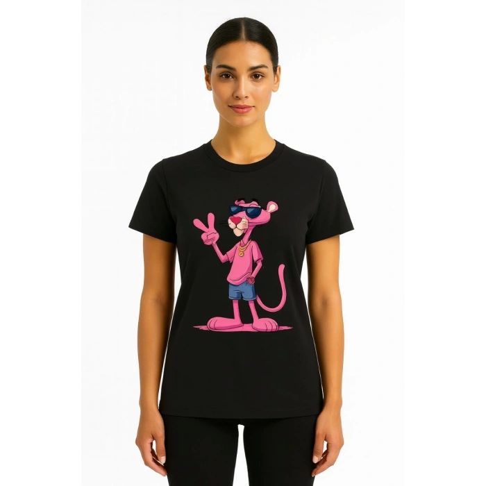 Kadın Bisiklet Yaka Kısa Kollu Baskılı T-shirt - Siyah