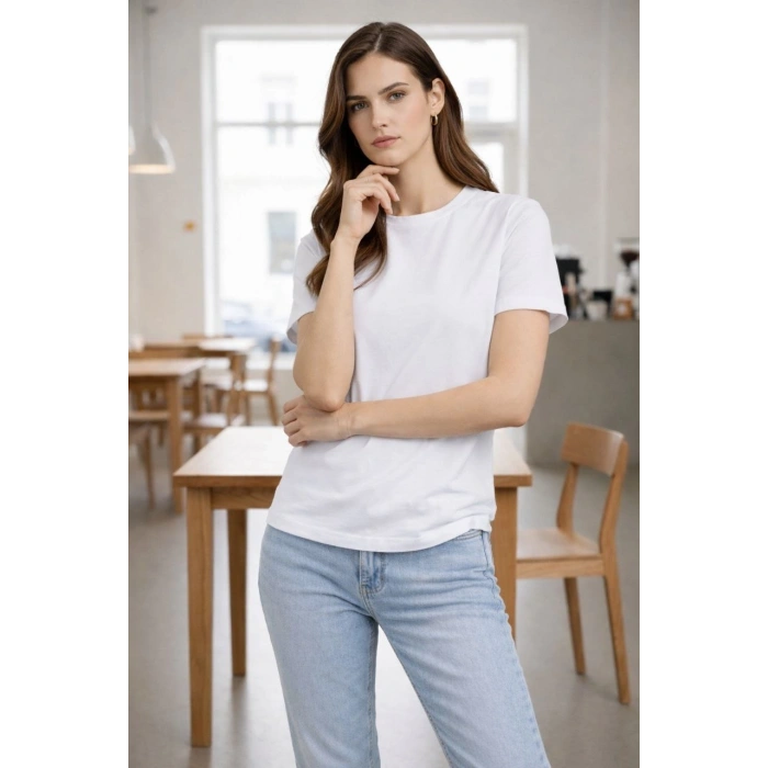 Kadın Bisiklet Yaka Tişört Regular Kalıp Basic Pamuklu Günlük Kullanım T-shirt - Beyaz