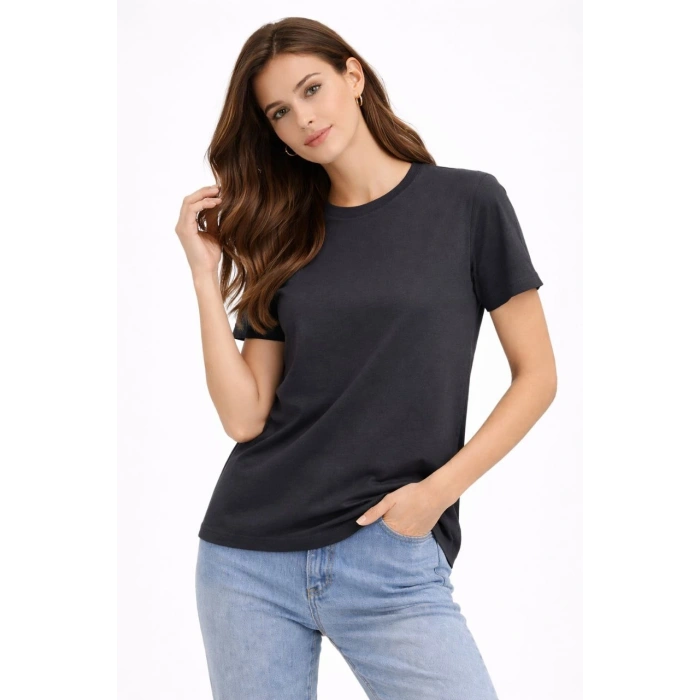 Kadın Bisiklet Yaka Tişört Regular Kalıp Basic Pamuklu Günlük Kullanım T-shirt - Füme