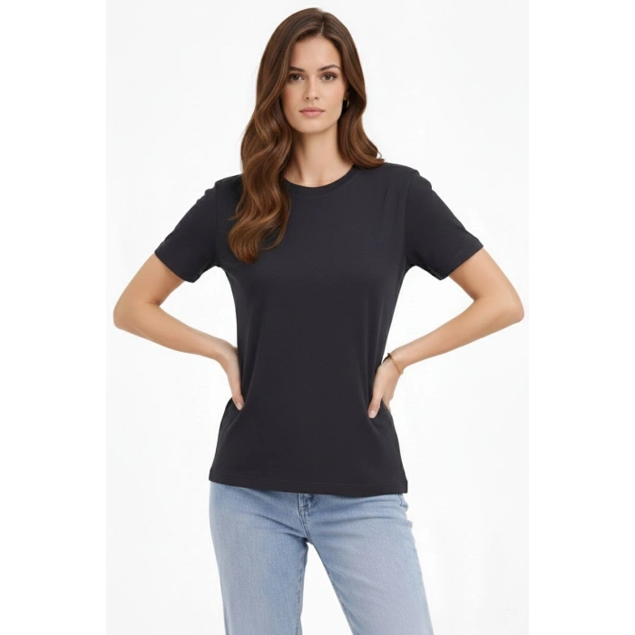 Kadın Bisiklet Yaka Tişört Regular Kalıp Basic Pamuklu Günlük Kullanım T-shirt - Füme