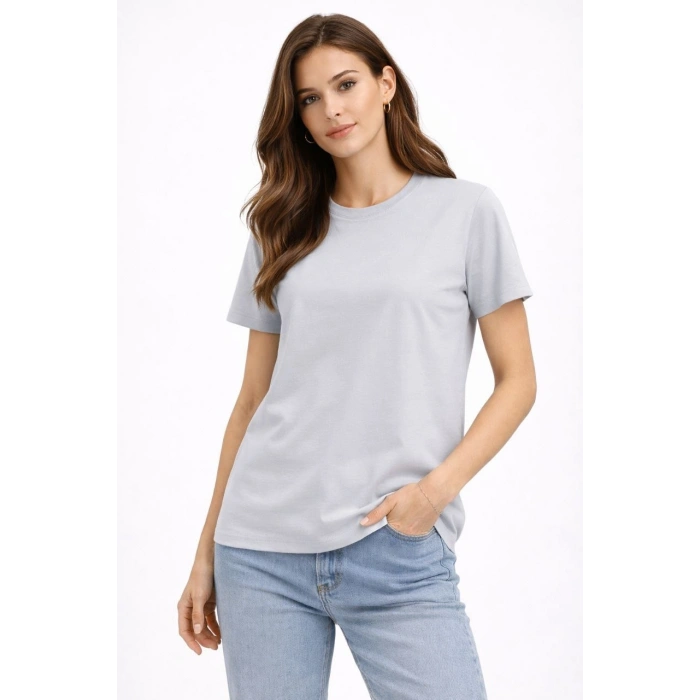 Kadın Bisiklet Yaka Tişört  Regular Kalıp Basic Pamuklu  Günlük Kullanım  T-shirt - Gri