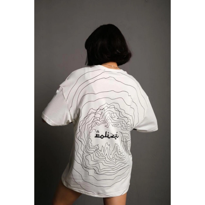 Kadın Bisiklet Yakalı Sırt Baskılı Oversize T-Shirt - Beyaz