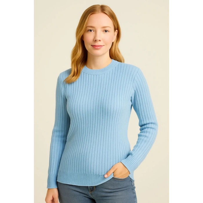 Kadın Bisiklet Yuvarlak Yaka Triko Kazak Pamuklu Kalın Fitilli Dokuma, Regular Fit Uzun Kollu Kışlık Model - Bebe Mavisi