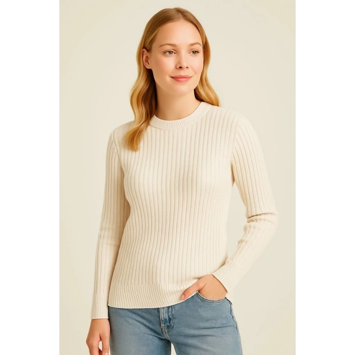 Kadın Bisiklet Yuvarlak Yaka Triko Kazak Pamuklu Kalın Fitilli Dokuma, Regular Fit Uzun Kollu Kışlık Model - Bej