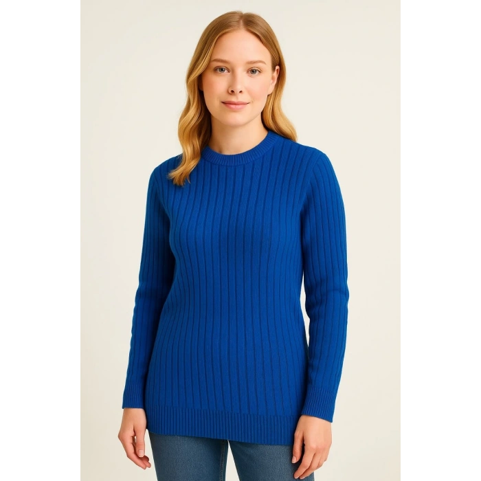 Kadın Bisiklet Yuvarlak Yaka Triko Kazak Pamuklu Kalın Fitilli Dokuma, Regular Fit Uzun Kollu Kışlık Model - Saks Mavisi