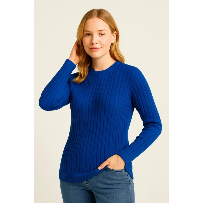 Kadın Bisiklet Yuvarlak Yaka Triko Kazak Pamuklu Kalın Fitilli Dokuma, Regular Fit Uzun Kollu Kışlık Model - Saks Mavisi