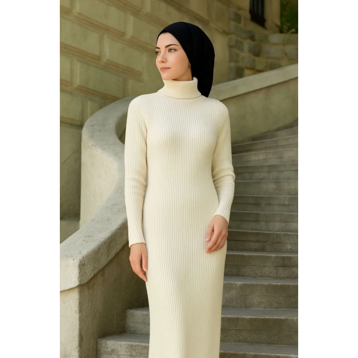 Kadın Tesettür Triko Elbise – Boğazlı Uzun Fitilli Dokuma, Esnek Tam Kalıp, 130 cm Midi Boy, Bahar & Kış Şık Rahat Stil - Beyaz