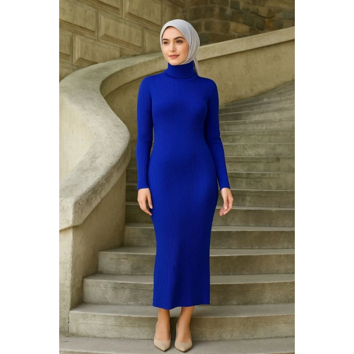 Kadın Boğazlı Uzun Fitilli Tesettüre Uygun Triko Dokuma Elbise - Saks Mavisi