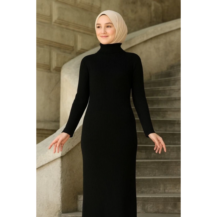 Kadın Tesettür Triko Elbise – Boğazlı Uzun Fitilli Dokuma, Esnek Tam Kalıp, 130 cm Midi Boy, Bahar & Kış Şık Rahat Stil - Siyah