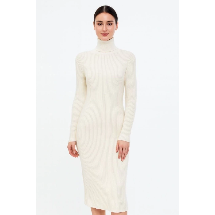 Kadın Boğazlı Triko Elbise – Uzun Fitilli Esnek Dokuma, Tam Kalıp, Kışlık & Baharlık Şık Rahat Stil, 130 cm Midi Boy Elbise - Beyaz