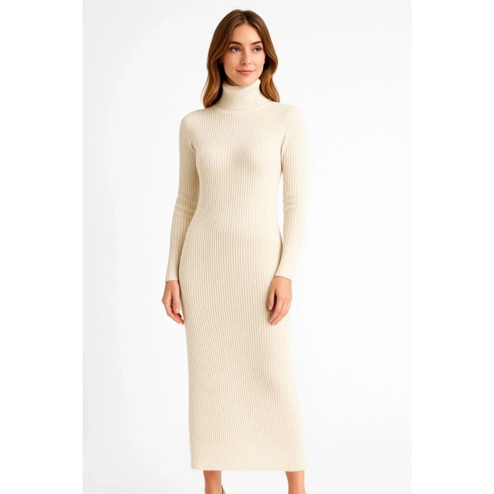 Kadın Boğazlı Triko Elbise – Uzun Fitilli Esnek Dokuma, Tam Kalıp, Kışlık & Baharlık Şık Rahat Stil, 130 cm Midi Boy Elbise - Beyaz