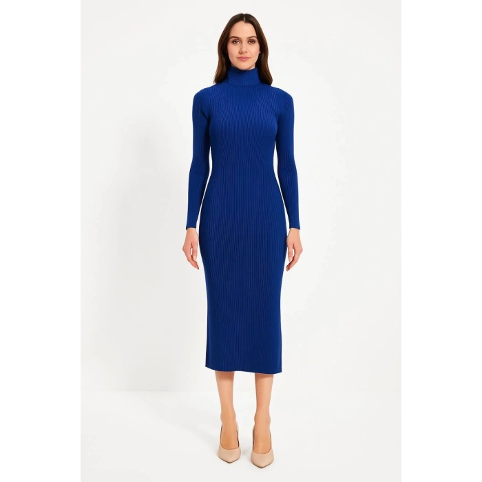 Kadın Boğazlı Triko Elbise – Uzun Fitilli Esnek Dokuma, Tam Kalıp, Kışlık & Baharlık Şık Rahat Stil, 130 cm Midi Boy Elbise - Saks Mavisi