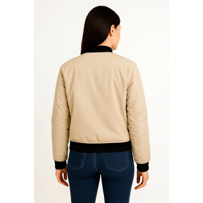 Kadın Bomber Mont Ceket – Fermuarlı, Kapitone İçi Astarlı, Su İtici Kumaş, Regular Fit, Yandan Cepli, Günlük Bahar & Kış Şık Rahat Stil - bej