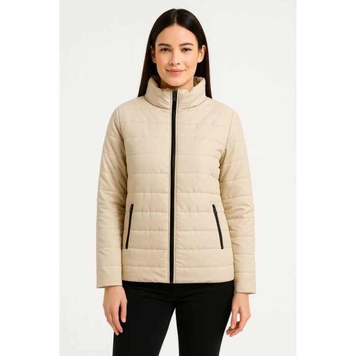 Kadın Bomber Mont Ceket – Su İtici Kumaş, Kapitone Astarlı, Fermuarlı, Kışlık - Bej