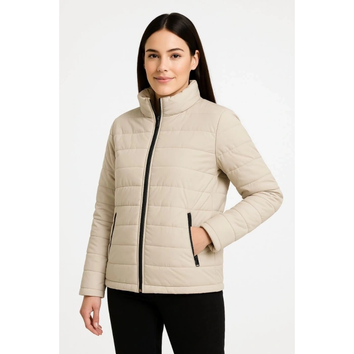 Kadın Bomber Mont Ceket – Su İtici Kumaş, Kapitone Astarlı, Fermuarlı, Kışlık - Bej