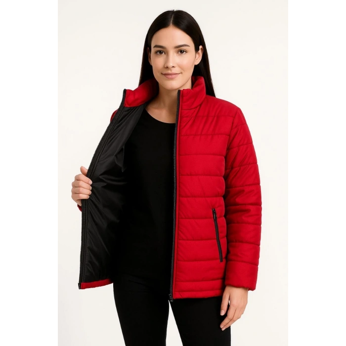 Kadın Bomber Mont Ceket – Su İtici Kumaş, Kapitone Astarlı, Fermuarlı, Kışlık - Kırmızı