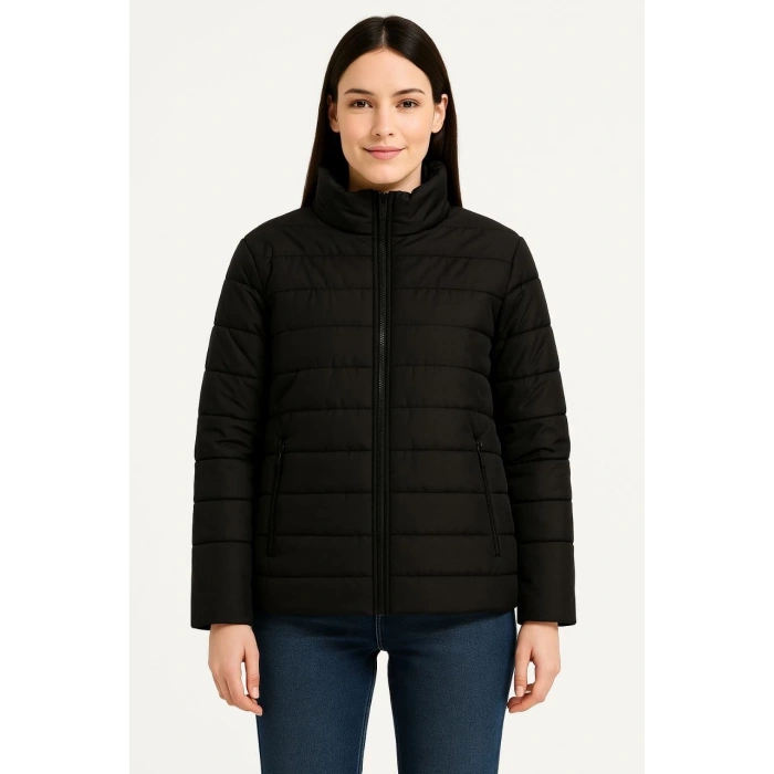 Kadın Bomber Mont Ceket – Su İtici Kumaş, Kapitone Astarlı, Fermuarlı, Kışlık - Siyah