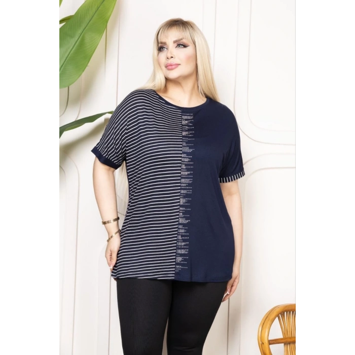 Kadın Büyük Beden Taş Detaylı Çizgili Viskon Tişört Bisiklet Yaka Rahat Kesim - Lacivert