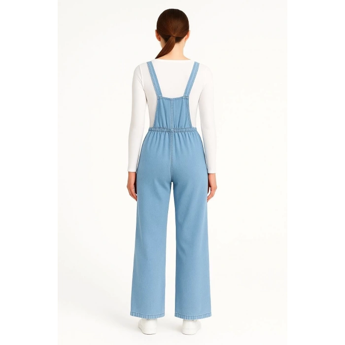 Kadın Chambray Açık Mavi Denim Görünümlü Geniş Paça Salopet Tulum - Mavi