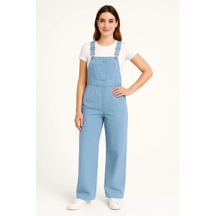 Kadın Chambray Açık Mavi Denim Görünümlü Geniş Paça Salopet Tulum - Mavi