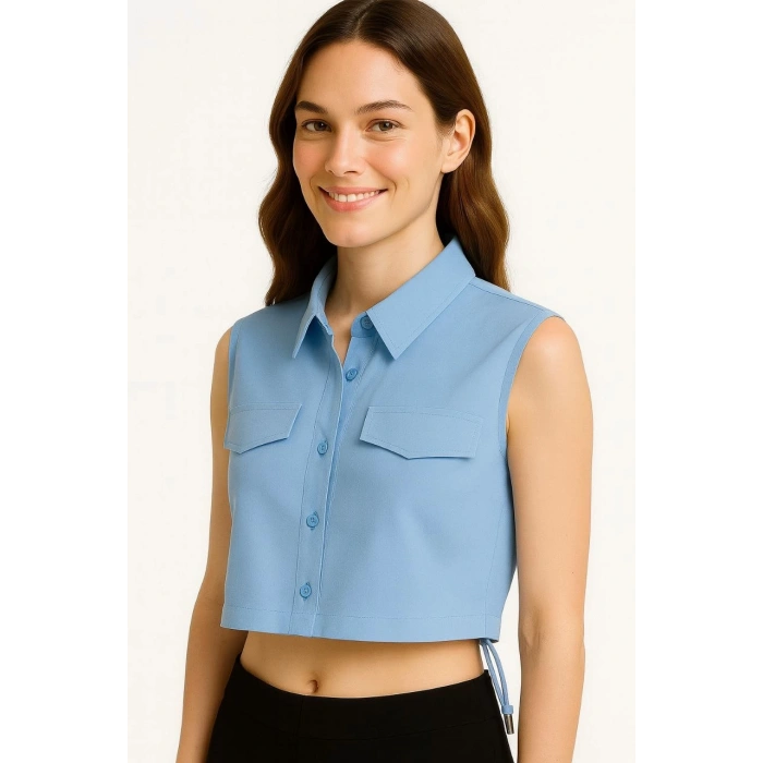 Kadın Crop Poplin Gömlek Yalancı Cepli, Ayarlanabilir Yan Kordonlu, - Bebe Mavisi