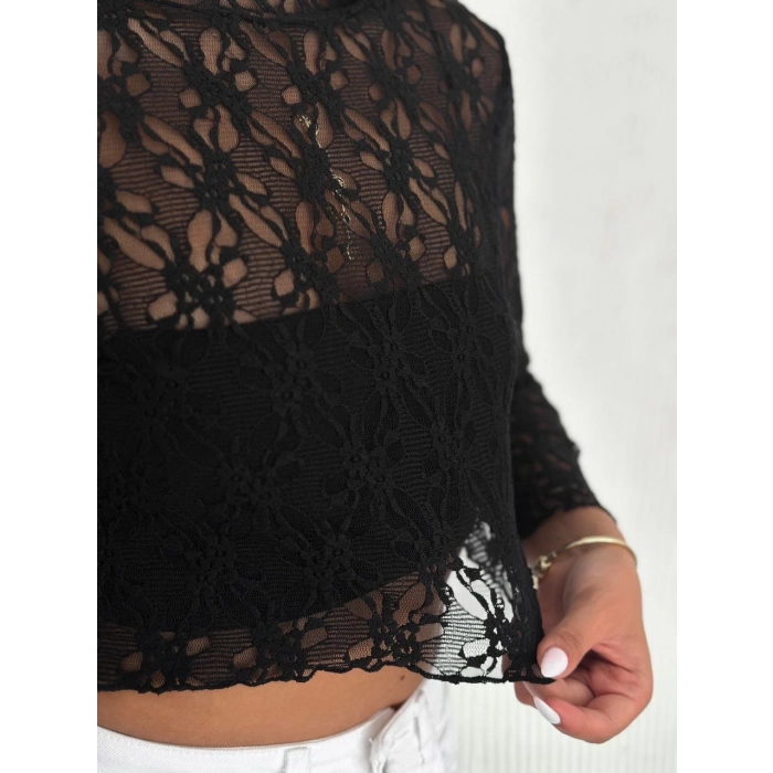 Kadın Dantel Uzun Kol Bluz- Siyah