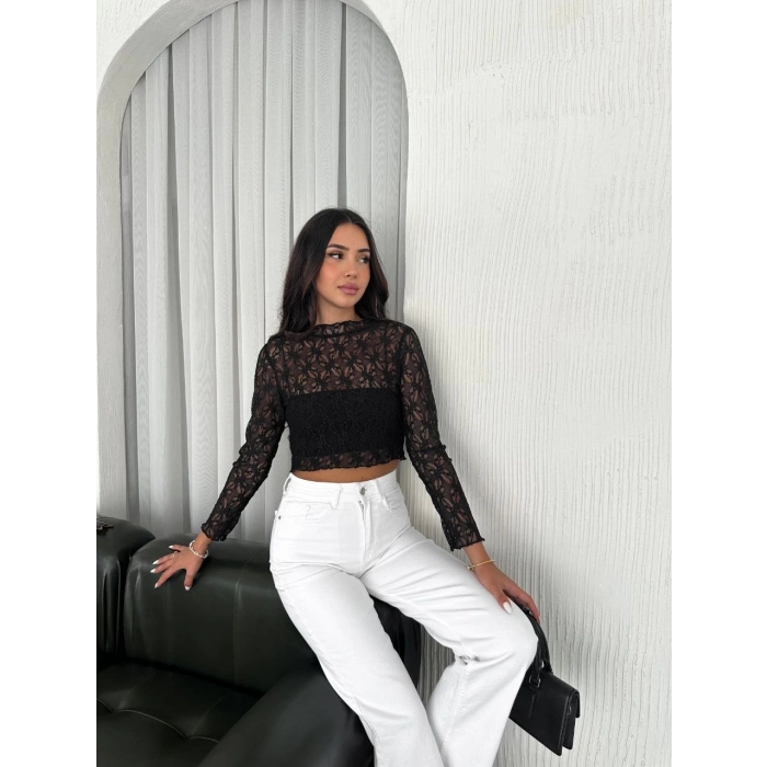 Kadın Dantel Uzun Kol Bluz- Siyah
