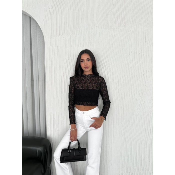 Kadın Dantel Uzun Kol Bluz- Siyah