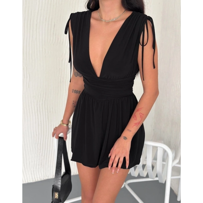 Kadın Derin V Yaka Etek Görünümlü Şortlu Elbise Drapeli Mini Yazlık - Siyah
