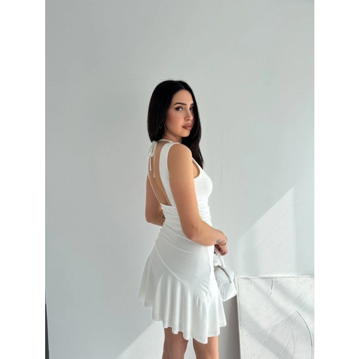 Kadın Derin V Yaka Sırt Dekolteli Mini Elbise Drapeli Şık Kolsuz - Beyaz