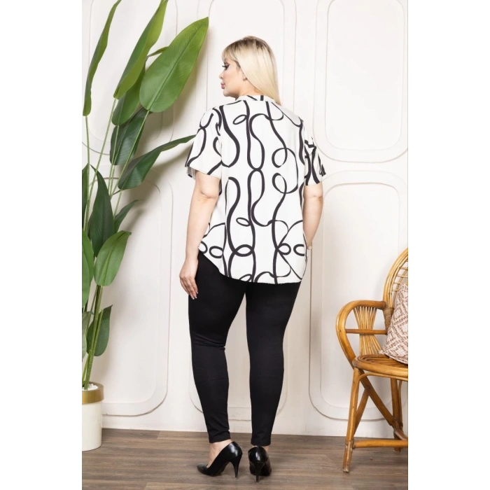 Kadın Desenli Püsküllü Viskon Bluz Bebe Yaka Kısa Kollu Big Size Rahat Kesim - Desenli
