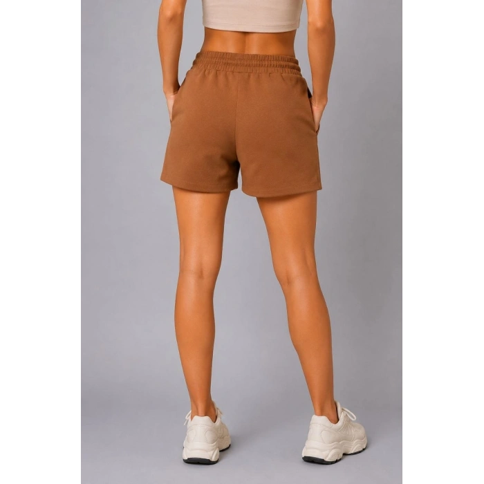 Kadın Dokuma Kumaş Cepli Bağcıklı Regular Fit Yazlık Şort - Kahverengi