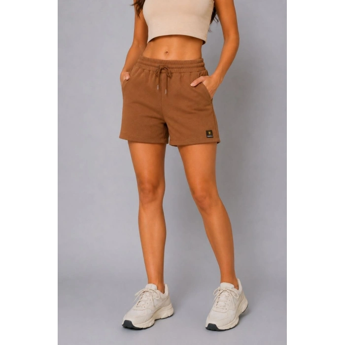 Kadın Dokuma Kumaş Cepli Bağcıklı Regular Fit Yazlık Şort - Kahverengi