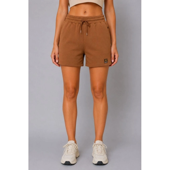 Kadın Dokuma Kumaş Cepli Bağcıklı Regular Fit Yazlık Şort - Kahverengi