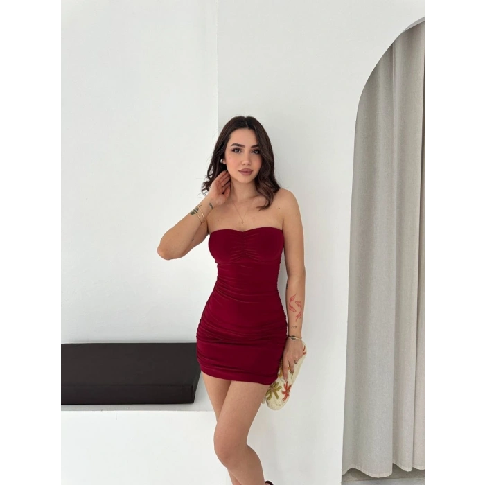Kadın Drapeli Straplez Mini Elbise Esnek Kumaş Vücuda Oturan Gece Elbisesi - Bordo