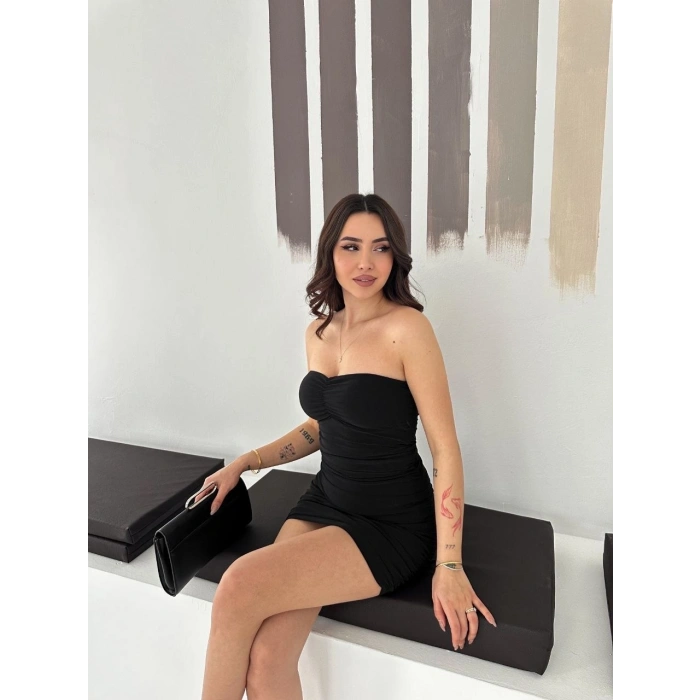 Kadın Drapeli Straplez Mini Elbise Esnek Kumaş Vücuda Oturan Gece Elbisesi - Siyah
