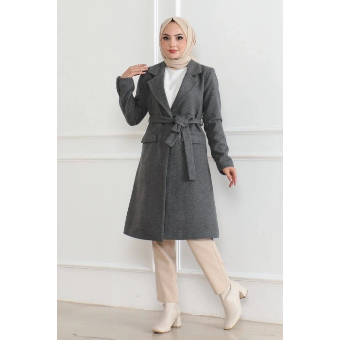 Kadın Düğmeli İçi Astarlı Kaşmir Kaşe Kaban - Bej