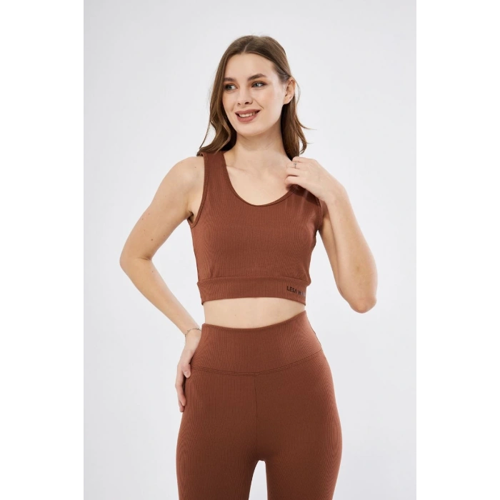 Kadın Fitilli Baskılı Crop - Kahve