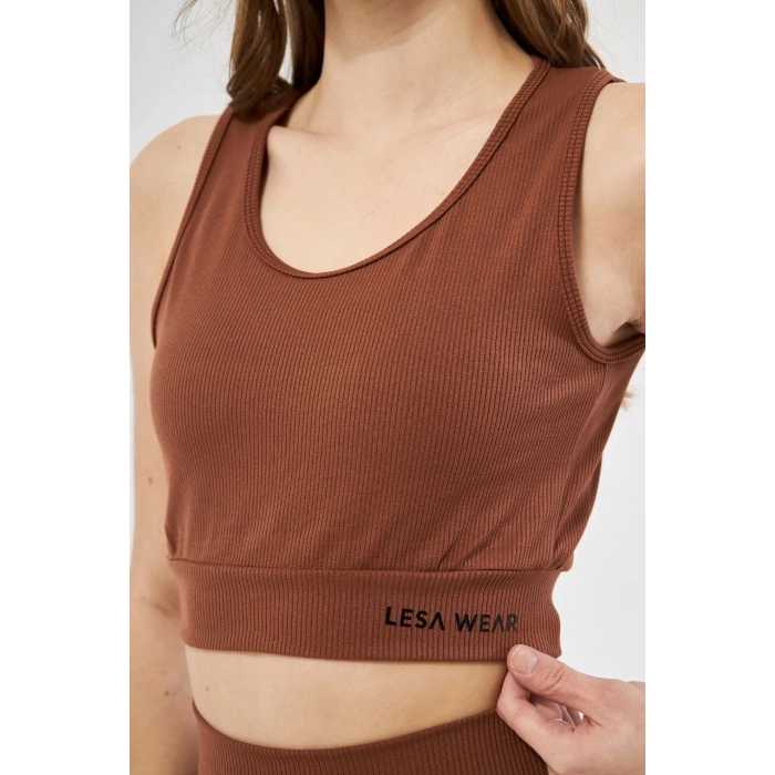 Kadın Fitilli Baskılı Crop - Kahve