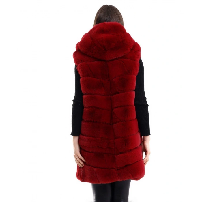 Kadın Kapşonlu Peluş Kürk Yelek Premium Kalite, Tam Astarlı, Uzun Model - Kırmızı