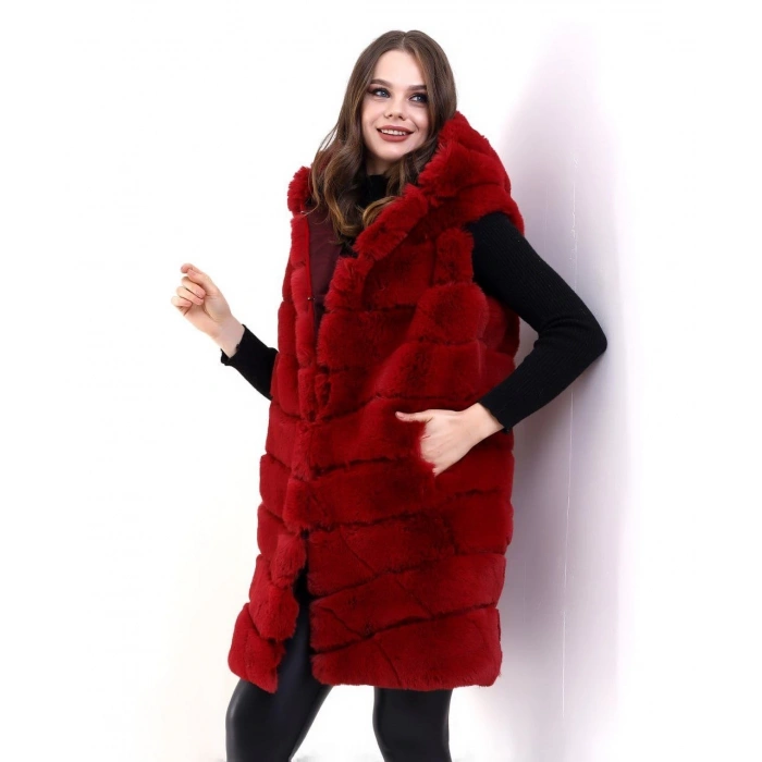 Kadın Kapşonlu Peluş Kürk Yelek Premium Kalite, Tam Astarlı, Uzun Model - Kırmızı