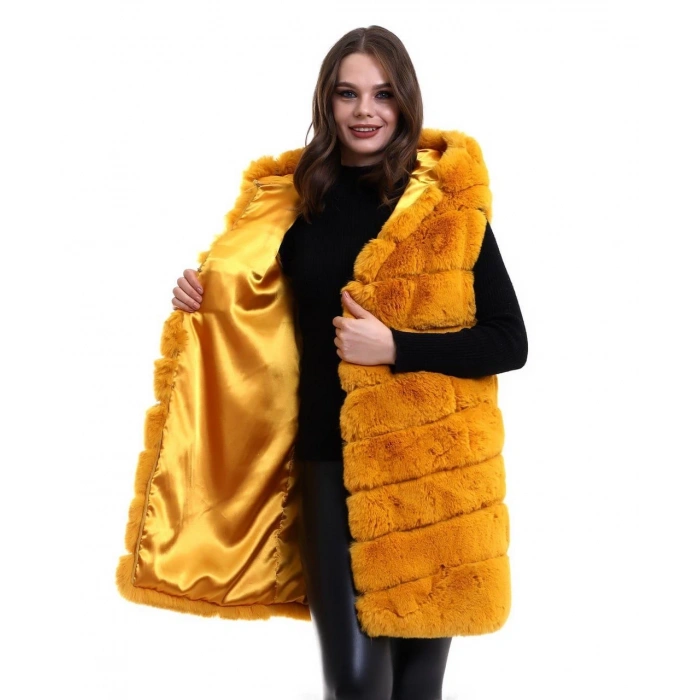 Kadın Kapşonlu Peluş Kürk Yelek Premium Kalite, Tam Astarlı, Uzun Model - Sarı