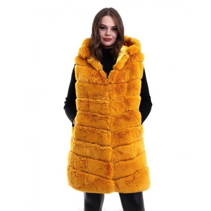 Kadın Kapşonlu Peluş Kürk Yelek Premium Kalite, Tam Astarlı, Uzun Model - Sarı
