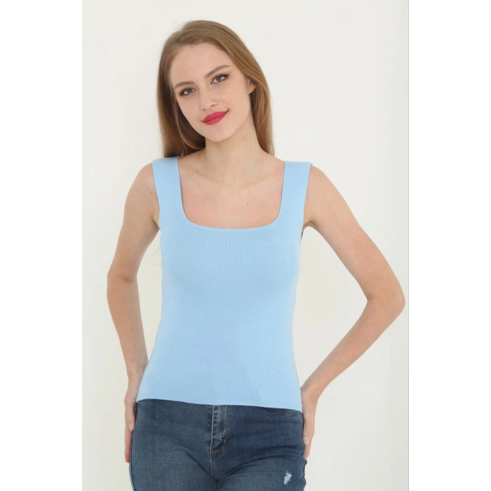 Kadın Kare Yaka Detay Crop - Mavi