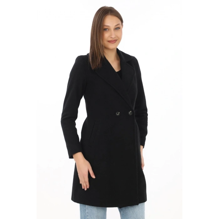 Kadın Kaşe Kaban – Siyah Yünlü Dokuma, Kruvaze Yaka, Astarlı, Cepli, Kuşaklı Uzun Boy Tesettür Uyumlu Kışlık Şık Kaban - Siyah